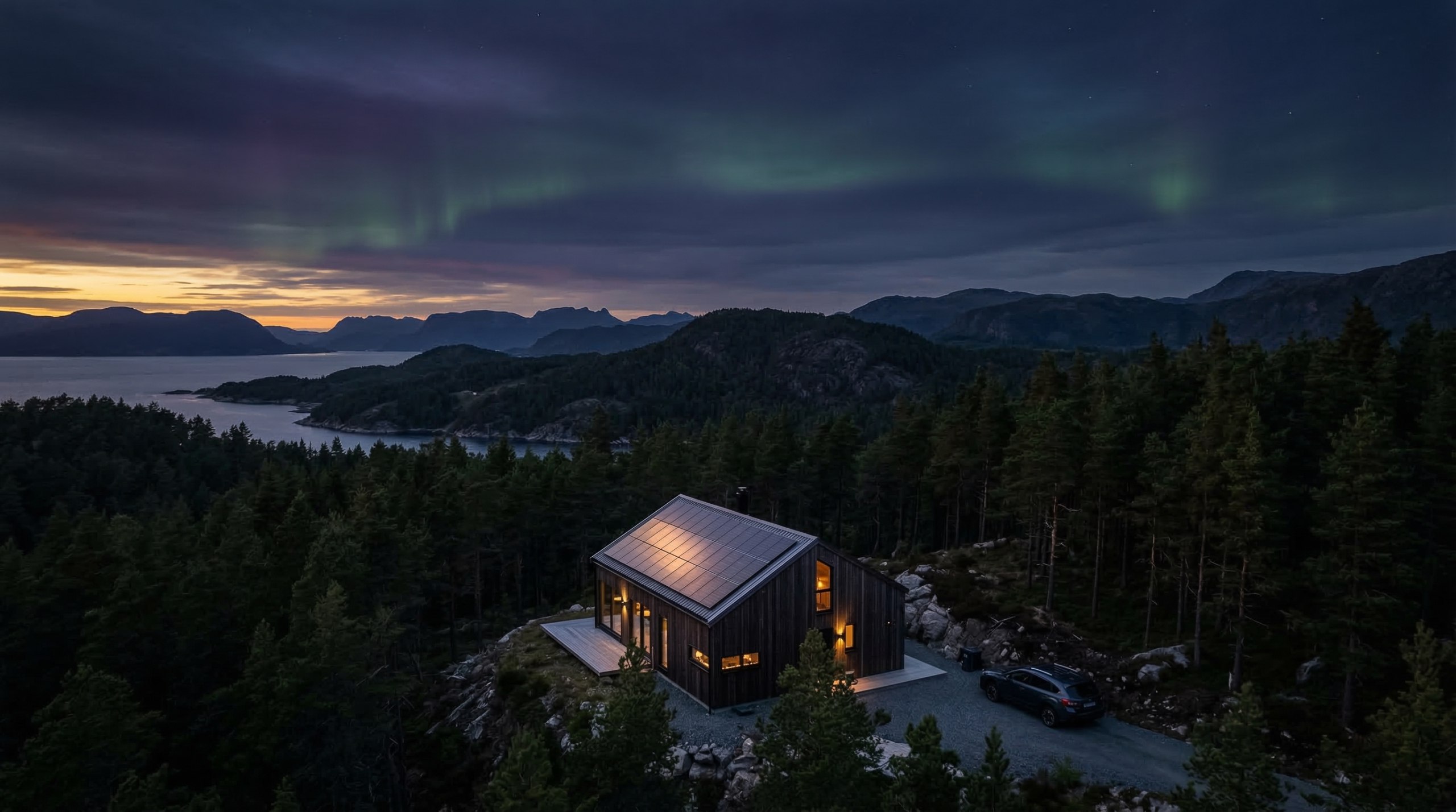 Norsk hytte med solceller og nordlys