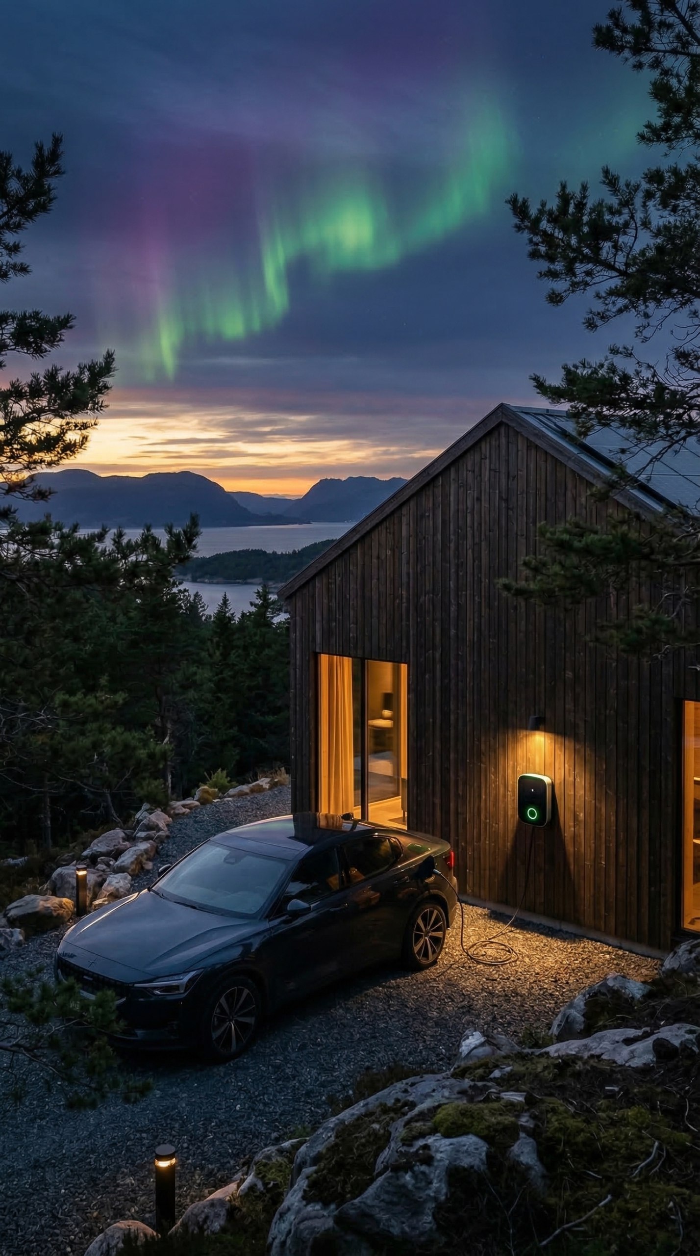 Elbil lader ved moderne norsk hus med nordlys