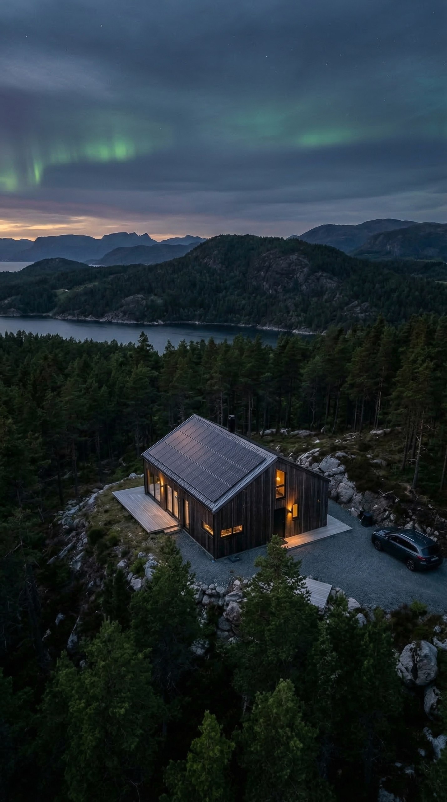 Moderne hus med solceller på taket i norsk natur